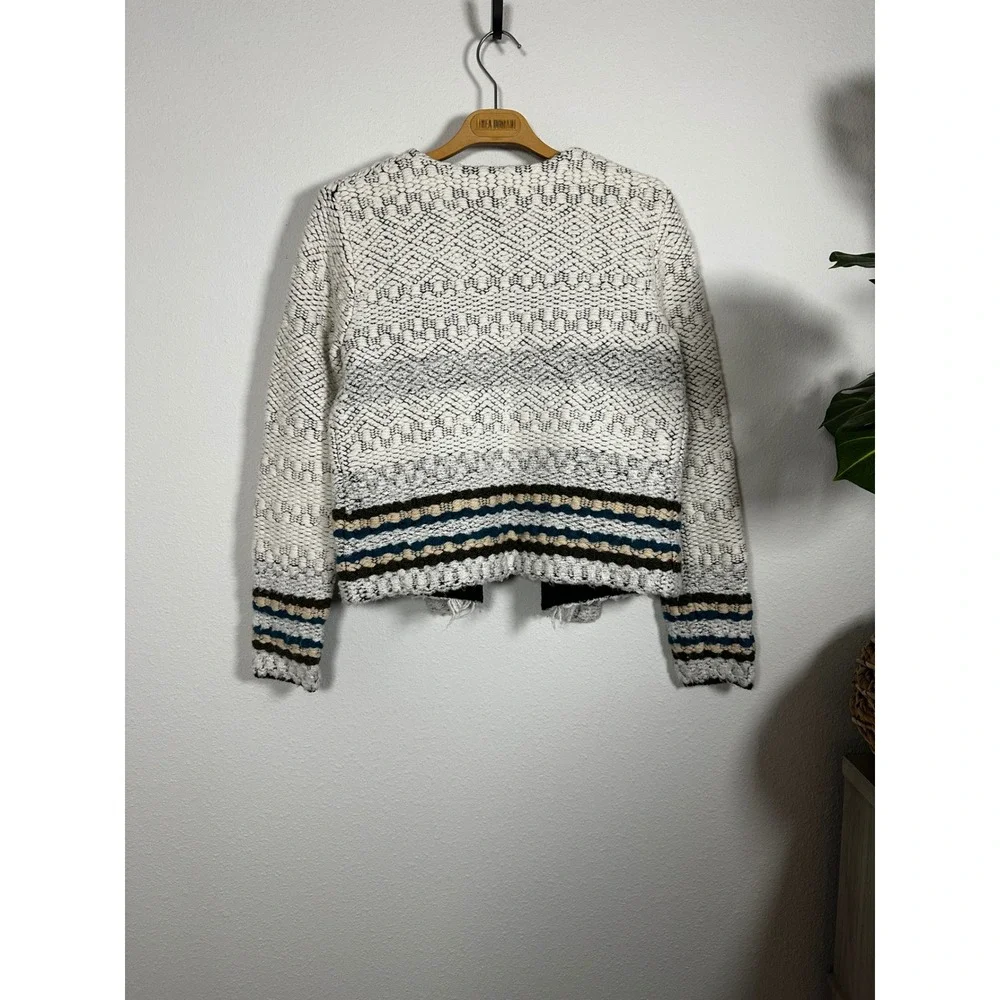 LEO AND SAGE Textured Geometric Knit Moto Cardigan Jacket Ivory‎ Black Teal Sz M